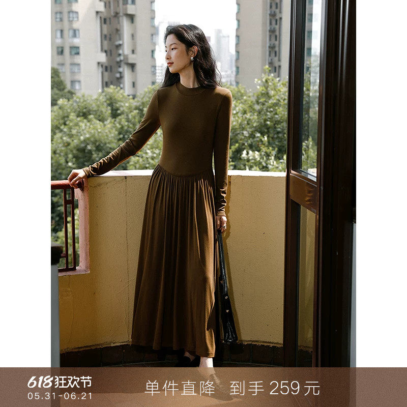 【到手259元】优雅慵懒半高领简约拼接针织毛衣连衣裙宽松长裙子