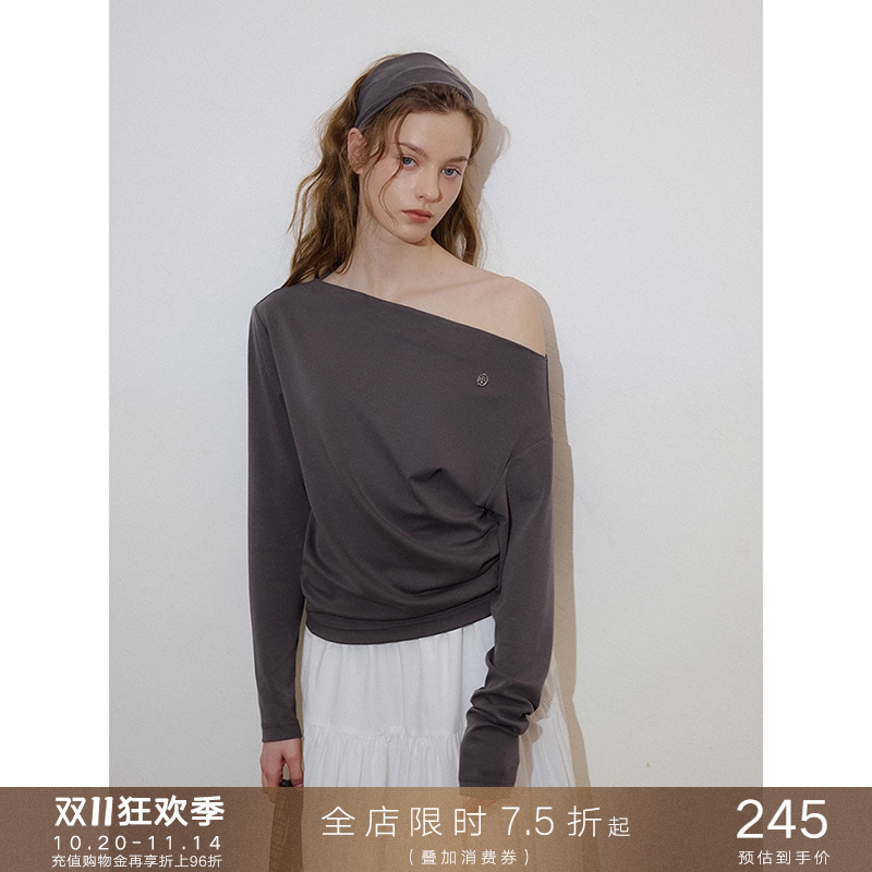 一字领宽松露肩长袖T恤