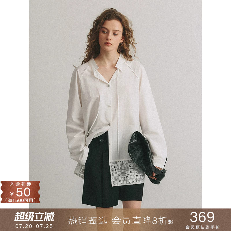 popchrio◆v领蕾丝拼接长袖棉衬衫别致设计感衬衣中长款宽松女春