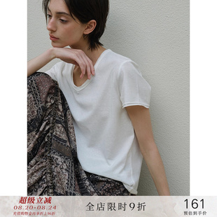 popchrio 女夏 通勤雪花棉V领微透短袖 T恤宽松休闲白色上衣体恤衫