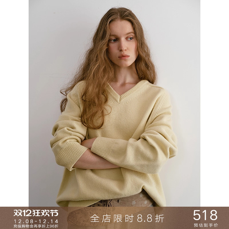 popchrio软糯羊毛v领套头毛衣