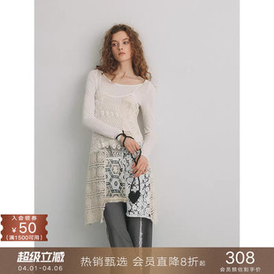 popchrio 女夏 镂空叠穿蕾丝拼接吊带连衣裙设计感不对称外搭罩衫