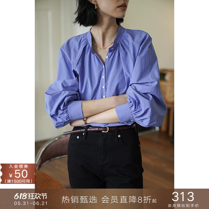 popchrio◆高支纸感水洗纯棉小立V领泡泡灯笼长袖衬衫法式上衣女
