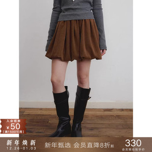 popchrio a字蓬蓬气球裙子 复古磨毛麂皮花苞半身裙甜美高腰短款