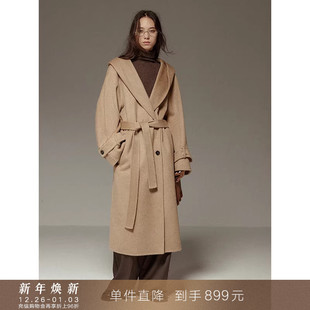 连帽宽松双面纯羊毛毛呢大衣收腰浴袍呢子外套加厚 到手899元