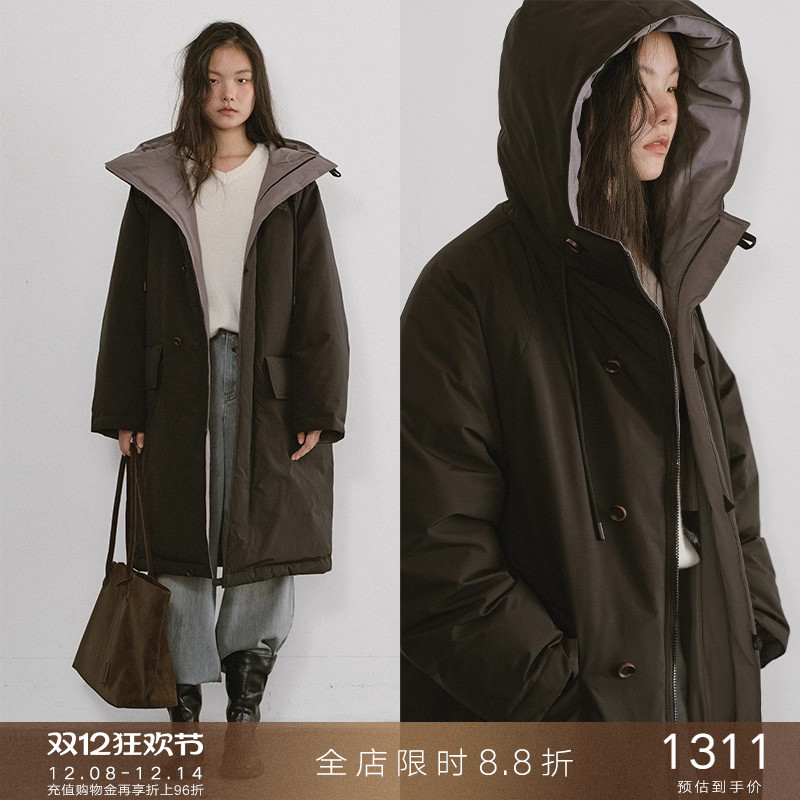 popchrio撞色连帽抽绳羽绒服