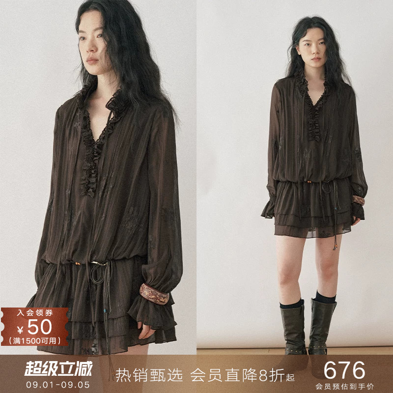 popchrio喇叭长袖木耳边连衣裙图片