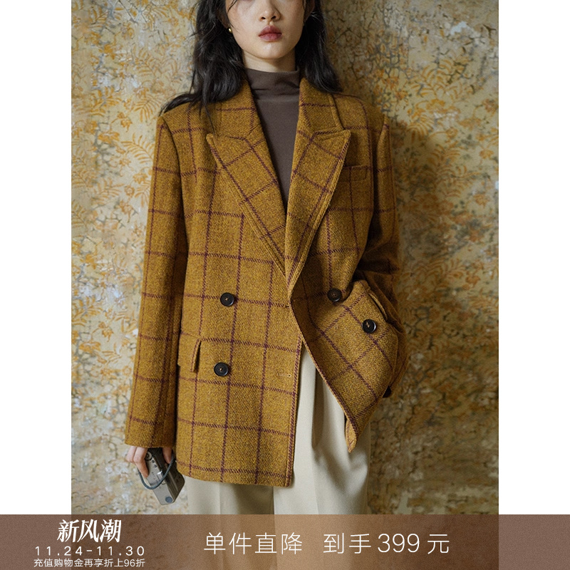 popchrio复古格子羊毛西服外套