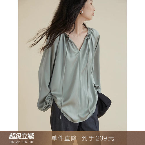 popchrio慵懒风气质v领系带衬衫