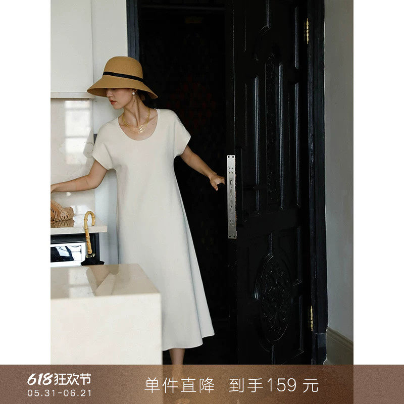 【到手159元】轻简慵懒U领短袖中长款T恤连衣裙宽松休闲长裙子女