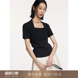 挂肩方领锁骨短袖 到手129元 复古法式 显瘦百搭棉上衣女 T恤修身