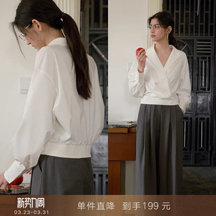衬衫 别致收腰白色V领长袖 设计感气质衬衣宽松上衣女 到手199元
