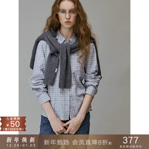 popchrio娃娃领磨毛格子衬衫