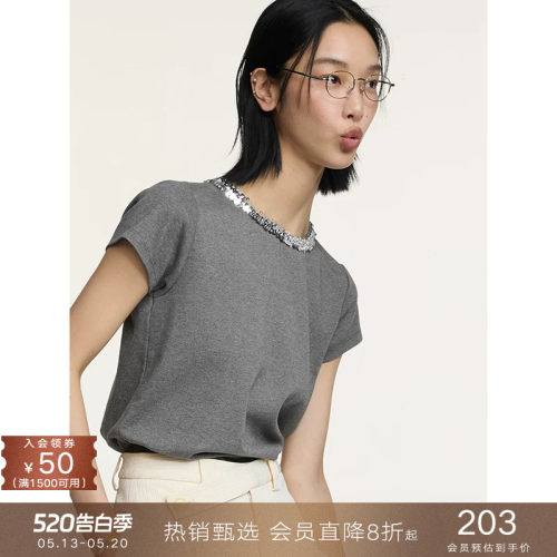 popchrio韩系亮片圆领棉感T恤
