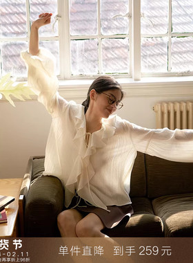 【到手259元】法式复古荷叶v领泡泡灯笼长袖衬衫别致纯棉衬衣上衣