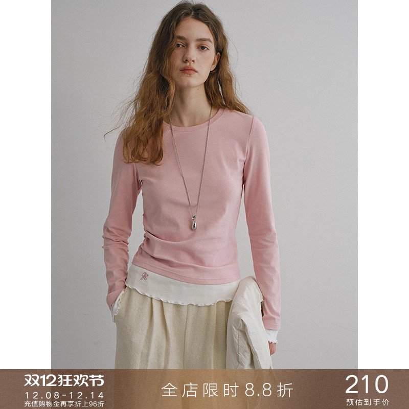 popchrio假两件撞色拼接长袖T恤