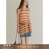 女 上衣中长款 到手189元 复古撞色条纹镂空针织背心多巴胺无袖
