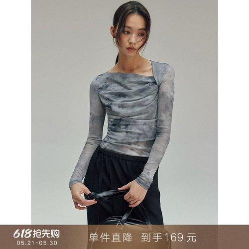 popchrio新中式斜肩网纱印花T恤