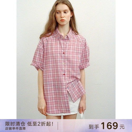 popchrio休闲韩系粉色格纹衬衫