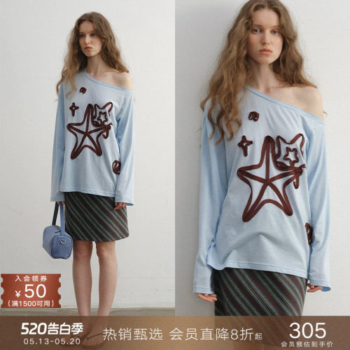 popchrio海洋风一字斜肩长袖T恤