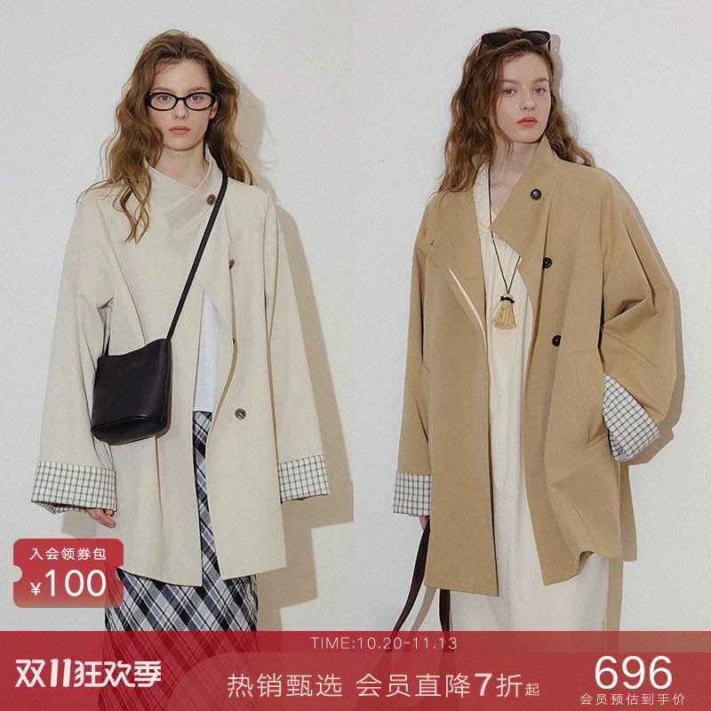 popchrio◆复古格子撞袖立领卡其色风衣小个子短款宽松休闲外套女