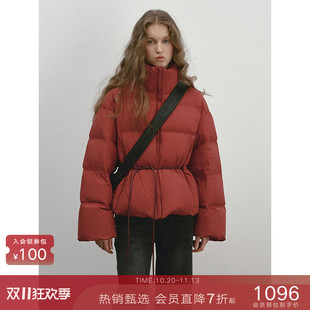 popchrio◆红色90白鸭绒立领抽绳泡芙羽绒服小个子收腰短款面包服