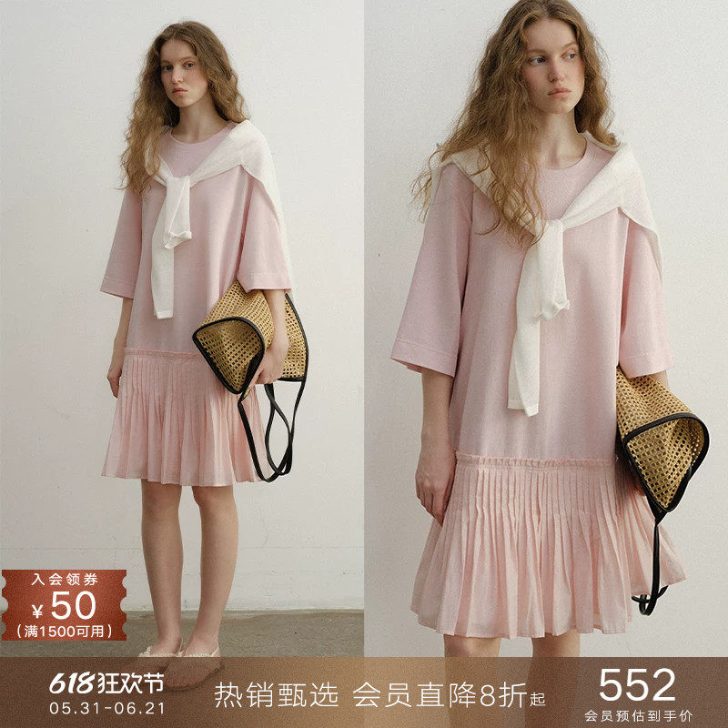 popchrio◆遮肉显瘦拼接半袖T恤连衣裙针织宽松休闲直筒短裙子女
