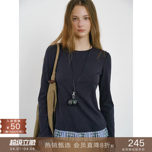T恤假两件修身 显瘦圆领上衣 miu风复古格纹花边拼接长袖 popchrio