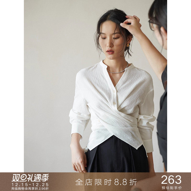 popchrio精致立领交叉围裹衬衫