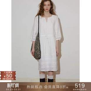 圆v领连衣裙中长款 复古刺绣蕾丝泡泡半中袖 裙子女 法式 popchrio