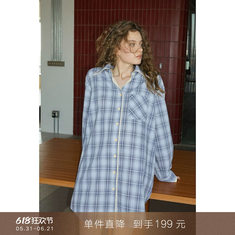 【到手199元】设计感假两件格子衬衫裙子叠穿长袖连衣裙中长款女