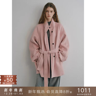 popchrio 毛呢外套女 简约立领羊绒羊毛系带双面呢大衣小个子短款