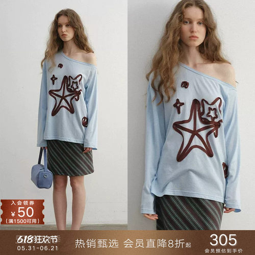 popchrio海洋风一字斜肩长袖T恤