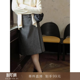 叠襟复古千鸟格羊毛呢子高腰A字裙直筒半身短裙子女 到手99元