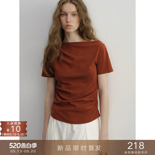 popchrio不对称一字领斜肩T恤衫