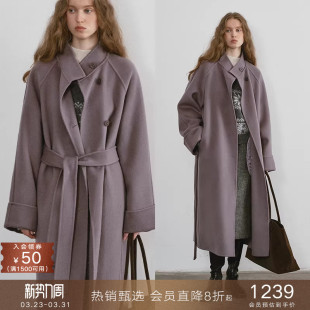 popchrio 红色加厚外套女冬 80支立领双面呢羊毛呢子大衣廓形长款