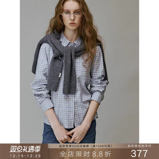 长袖 修身 衬衣上衣女春 莱赛尔棉磨毛娃娃领复古格子衬衫 popchrio