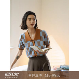 小上衣针织T恤衫 到手99元 撞色格子提花V领法式 女夏 polo领短袖