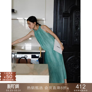 popchrio◆炒色亚麻 前后两穿背心挂脖无袖连衣裙宽松A字长裙女夏