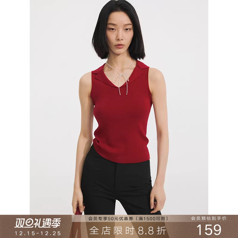 popchrio复古无袖翻领针织背心