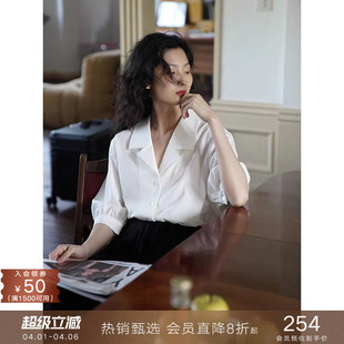 popchrio 复古休闲中袖 衬衫 百搭通勤翻领宽松上衣女夏 古巴领法式