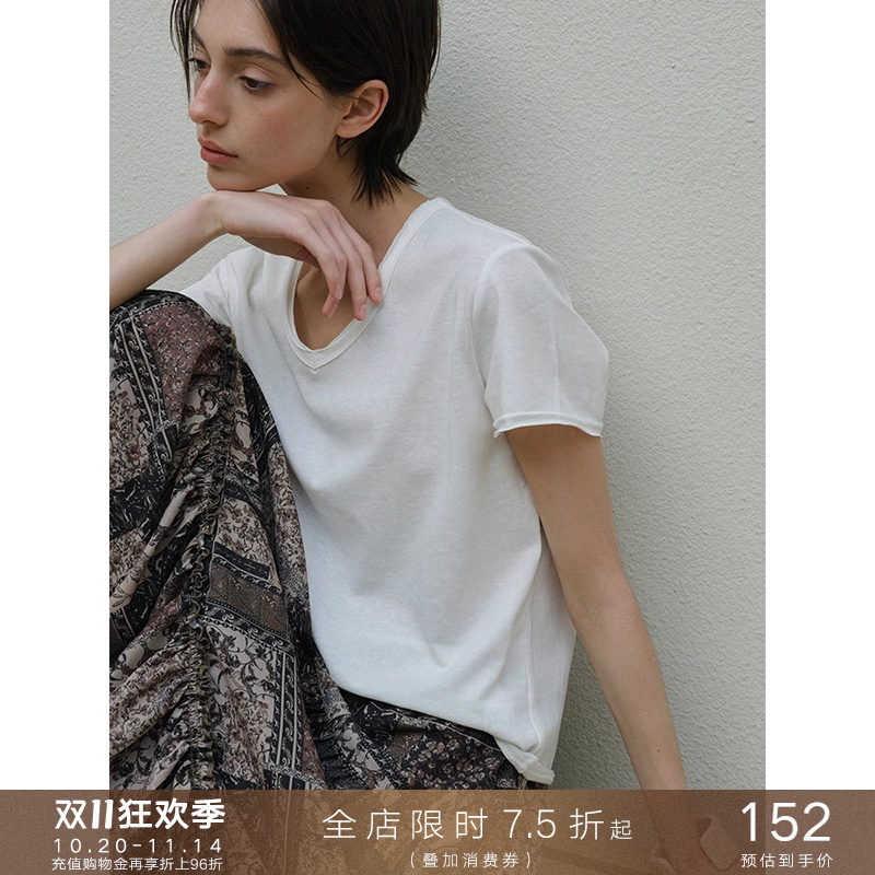 氧气感竹节纹理V领短袖T