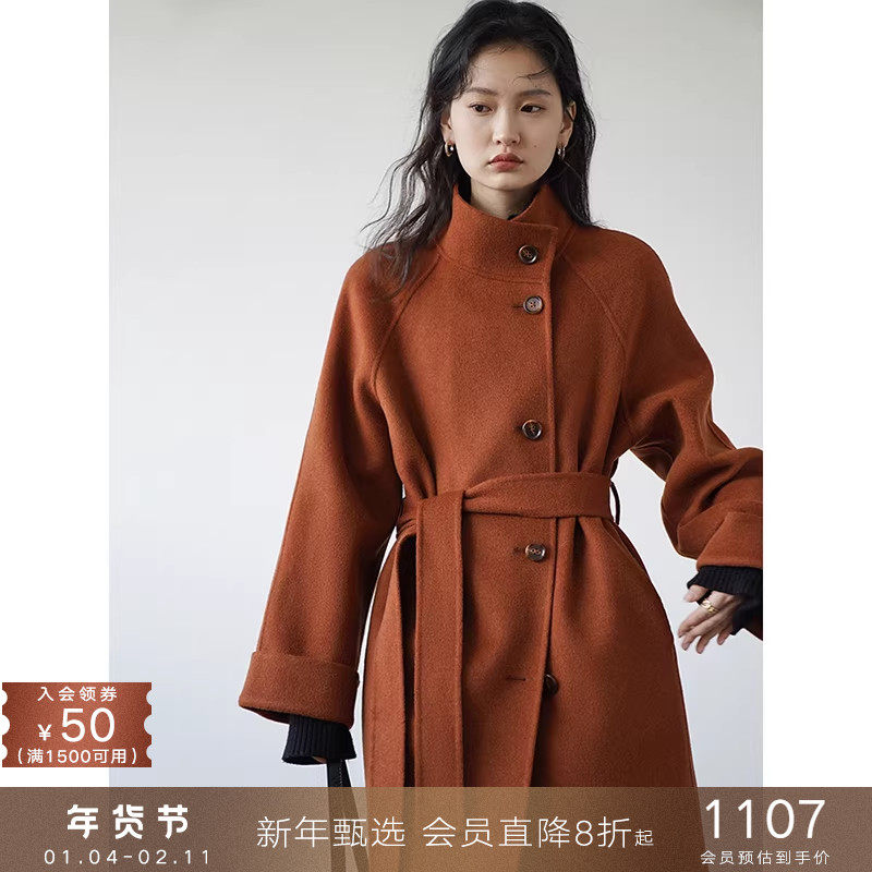 popchrio◆斜襟立翻领小个子廓形斗篷大衣双面呢羊毛呢子外套女秋