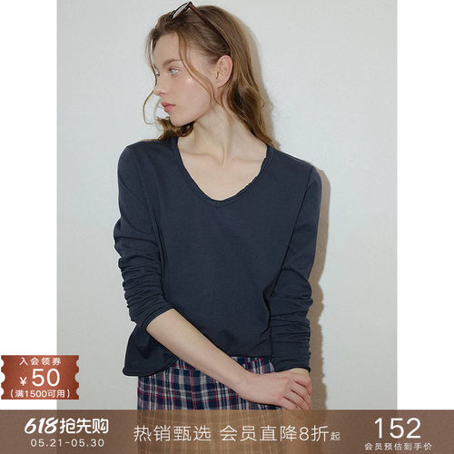 popchrio雪花棉v领基础长袖T恤