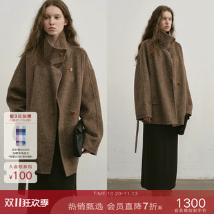 popchrio◆复古设计感立领含驼绒收腰双面毛呢大衣短款羊毛外套女