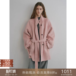 popchrio 毛呢外套 简约立领羊毛系带双面呢大衣小个子含羊绒短款