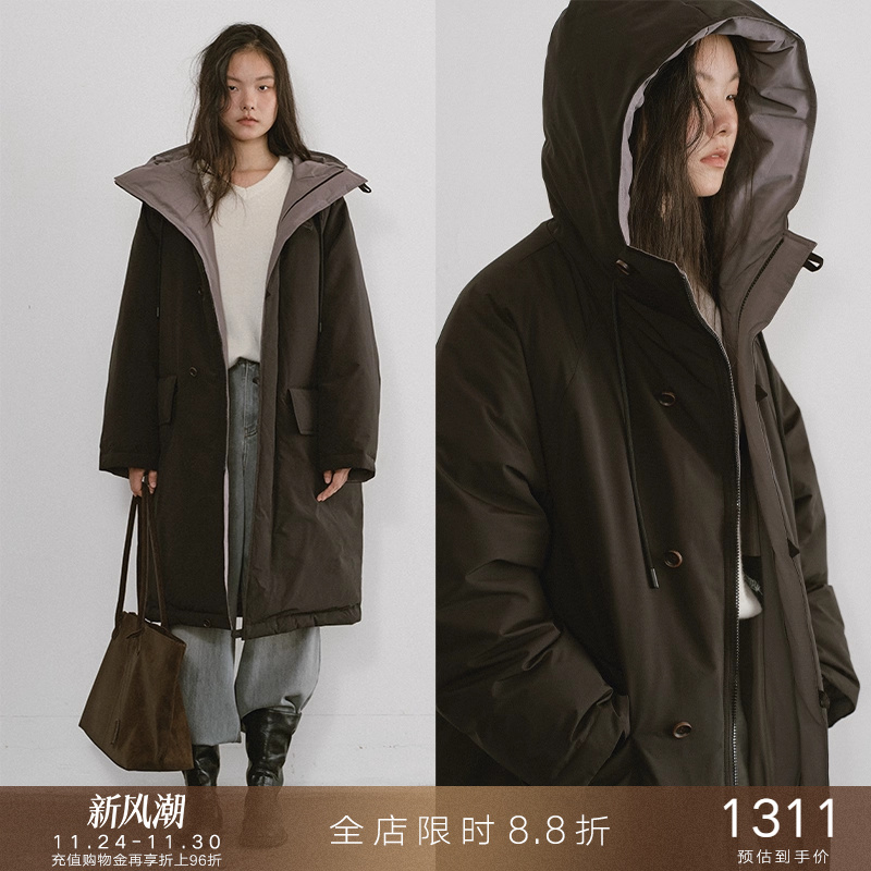 popchrio撞色连帽抽绳羽绒服