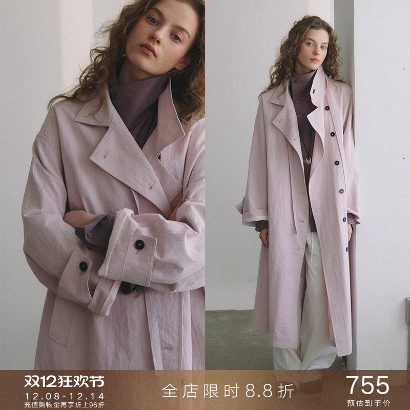 popchrio皱感棉立领飘带风衣