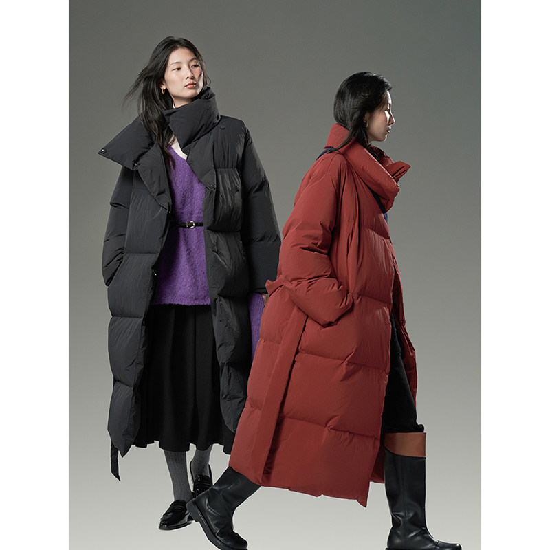 popchrio◆加厚260+充绒90鸭绒立领中长款羽绒服新年红黑色外套女