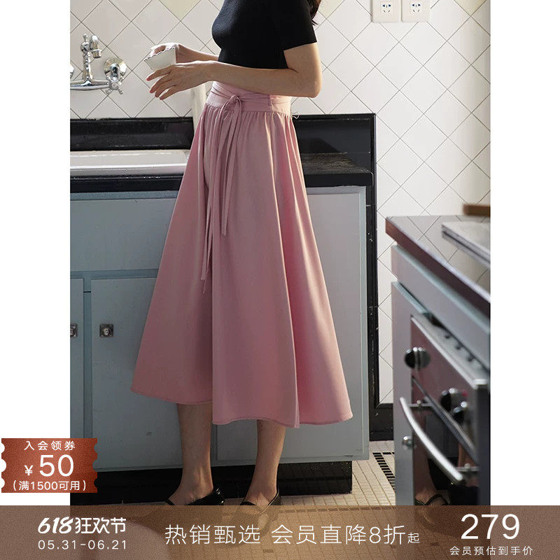 popchrio◆耐皱易打理宽松复古绑带高腰半身裙显瘦A字长裙子女夏